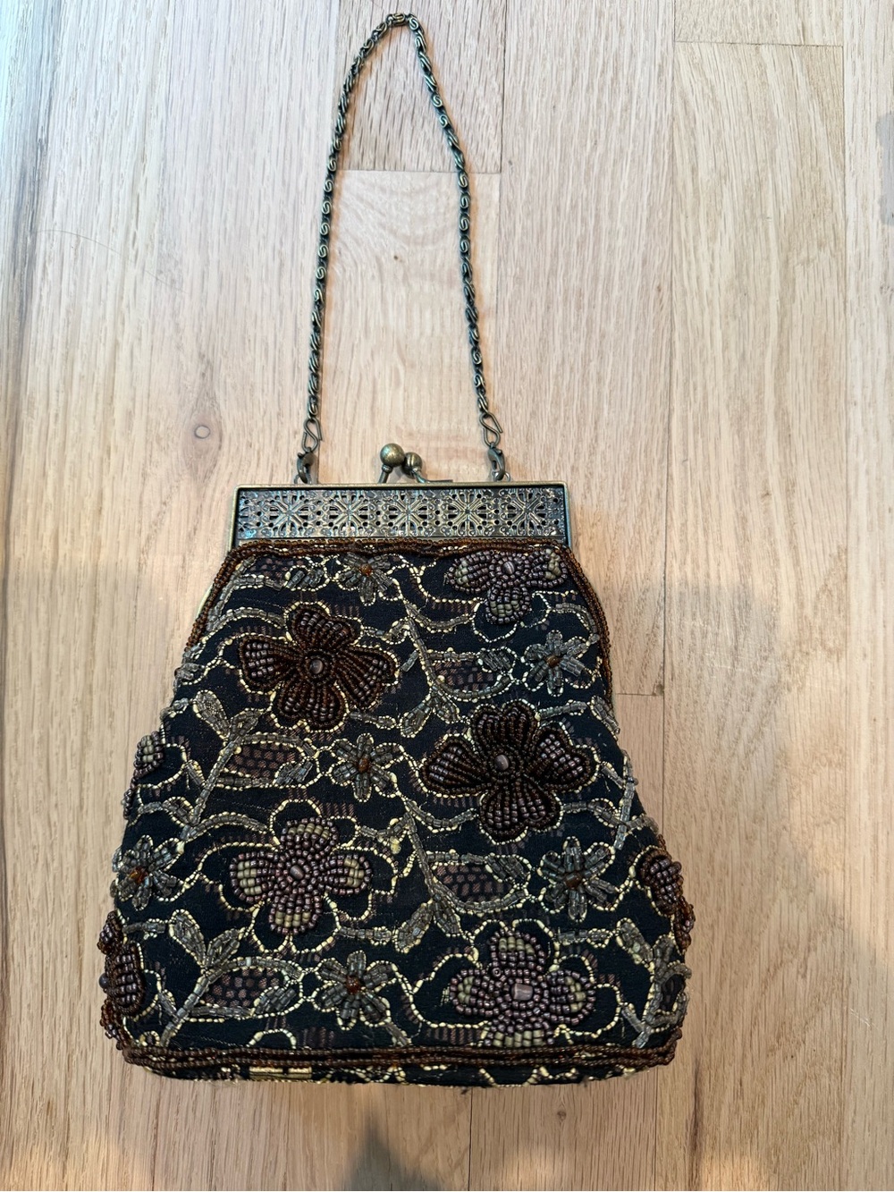 Vintage CARLO FELLINI Beaded Floral Evening Bag in Brown, Burgundy and Bronze